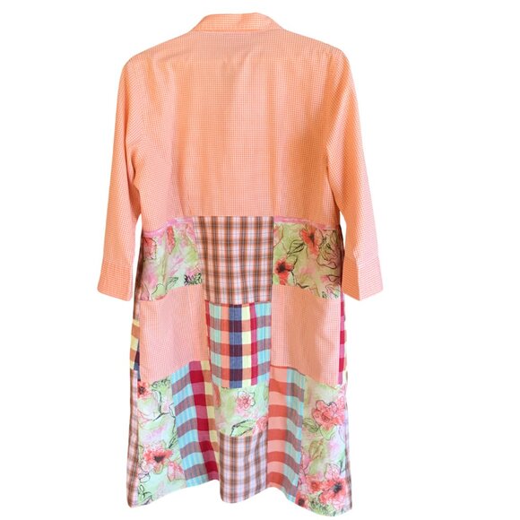 Patchwork Duster, Size L: Upcycled Boho Button-Down Dress, Orange Gingham - Picture 5 of 14